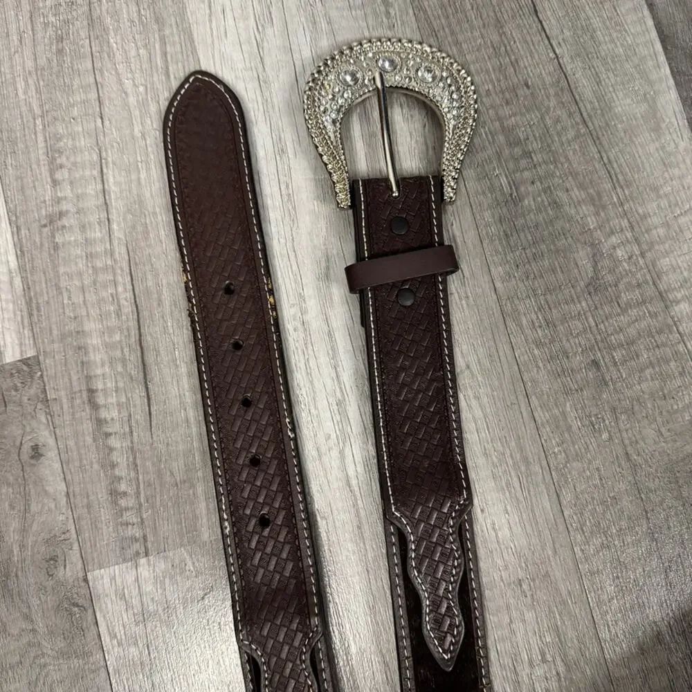 Western Belt Rhinestone Bling Brown Leather Rodeo Buckle Cowgirl Small